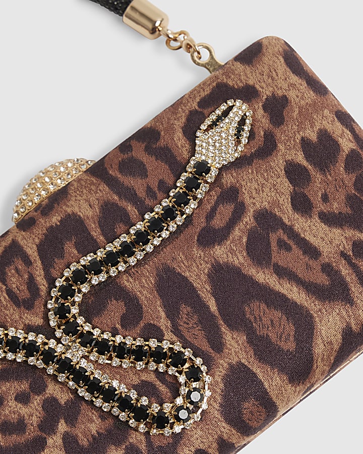 Brown Leopard Print Snake Hard Clutch Bag