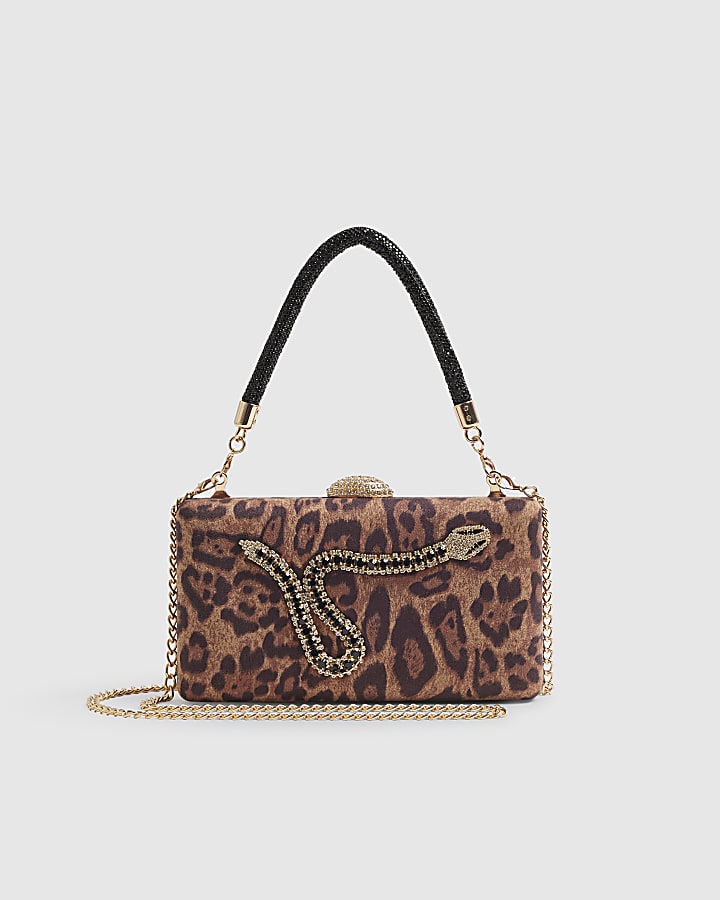 Brown Leopard Print Snake Hard Clutch Bag