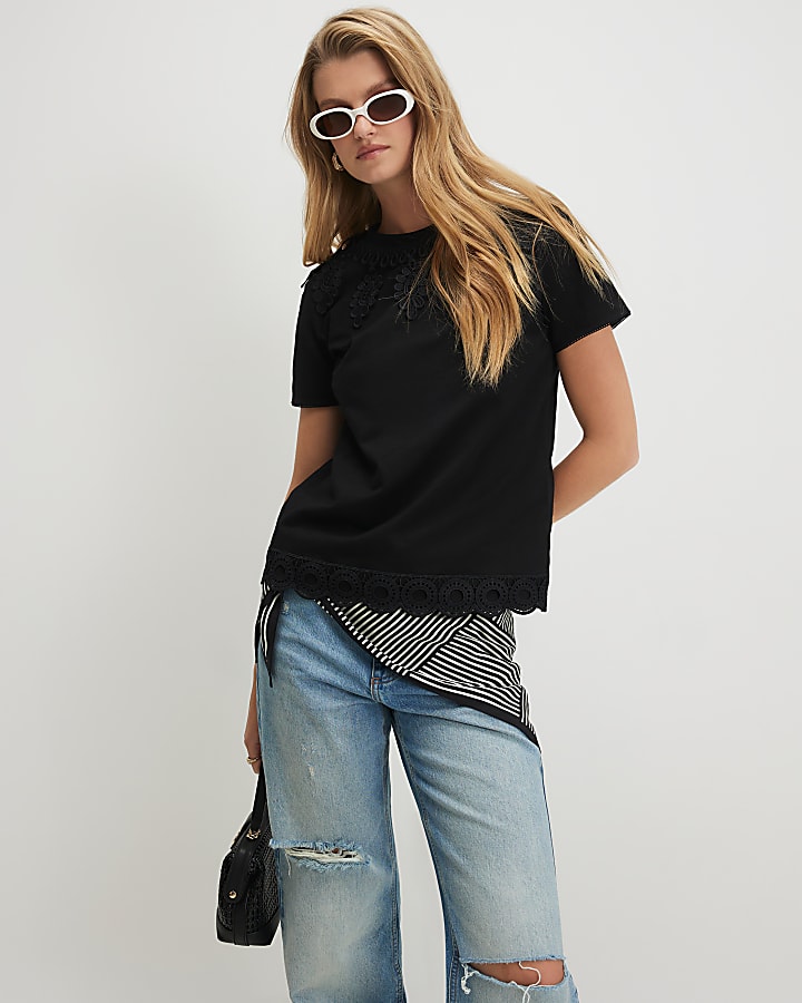 Black Cotton Embroidered Trim T-shirt