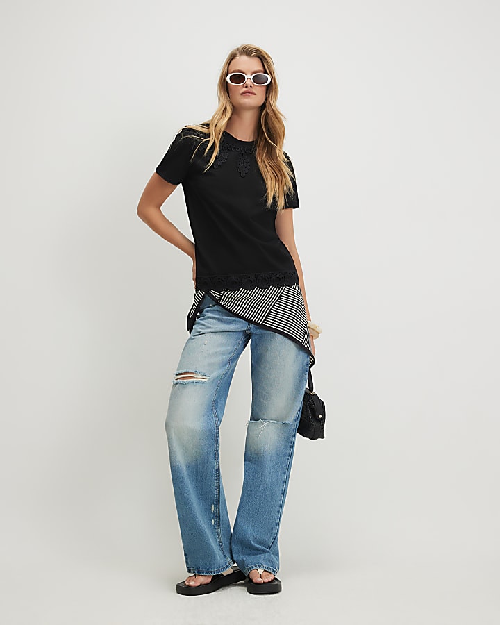 Black Cotton Embroidered Trim T-shirt