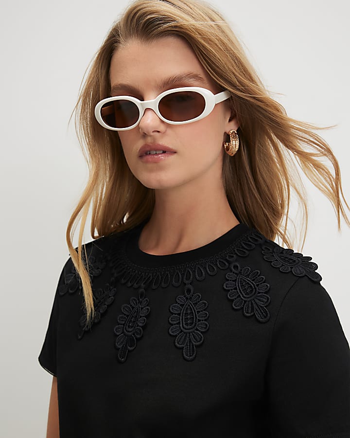 Black Cotton Embroidered Trim T-shirt