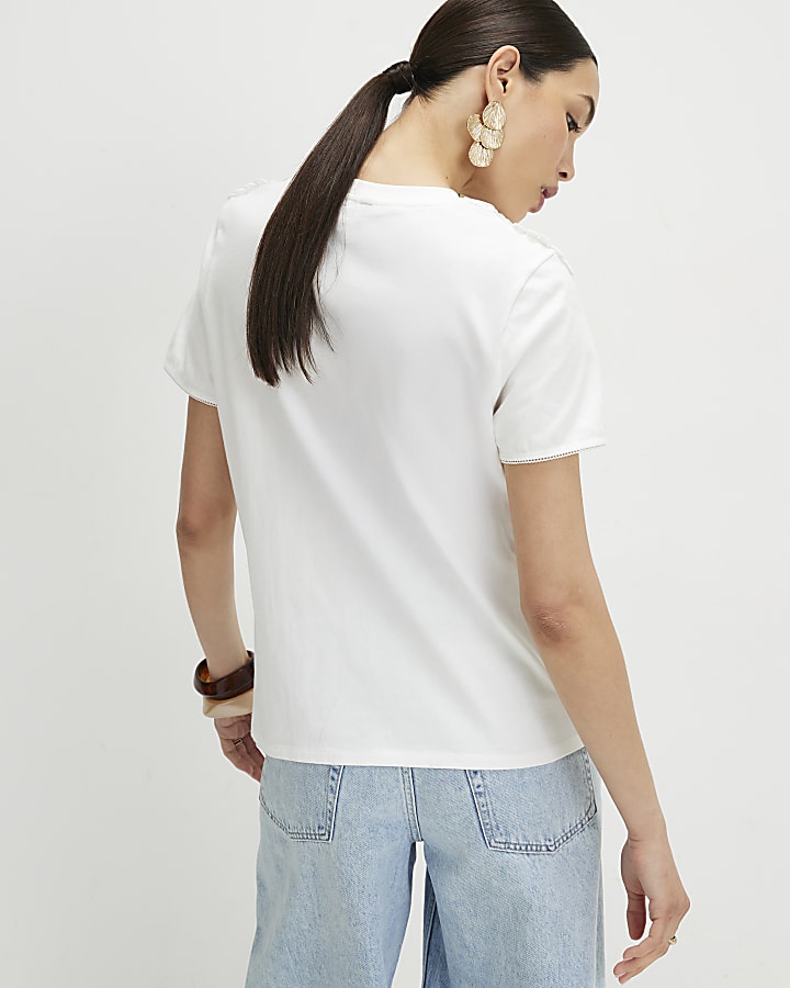 White Cotton Embroidered Trim T-Shirt