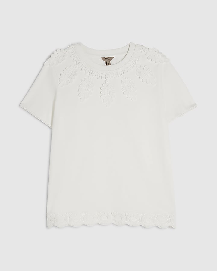 White Cotton Embroidered Trim T-Shirt