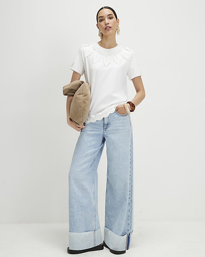White Cotton Embroidered Trim T-Shirt