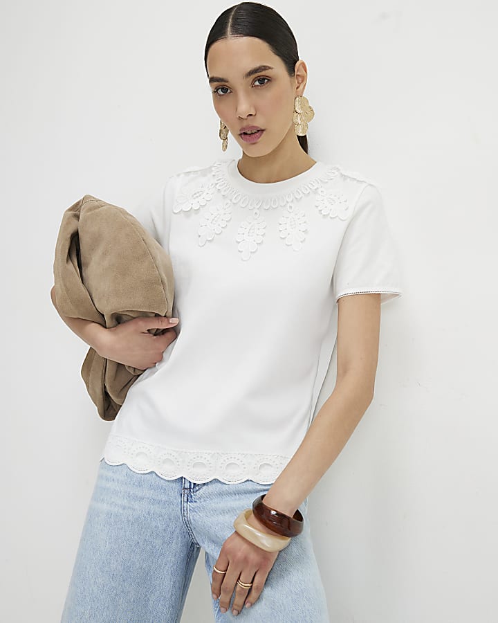 White Cotton Embroidered Trim T-Shirt