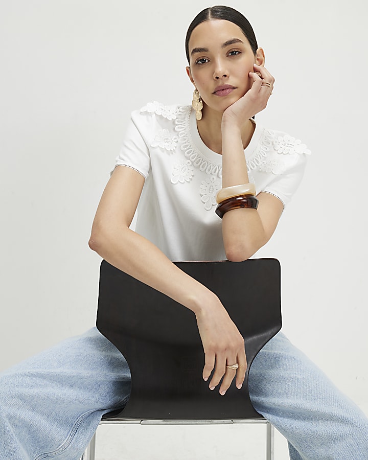 White Cotton Embroidered Trim T-Shirt