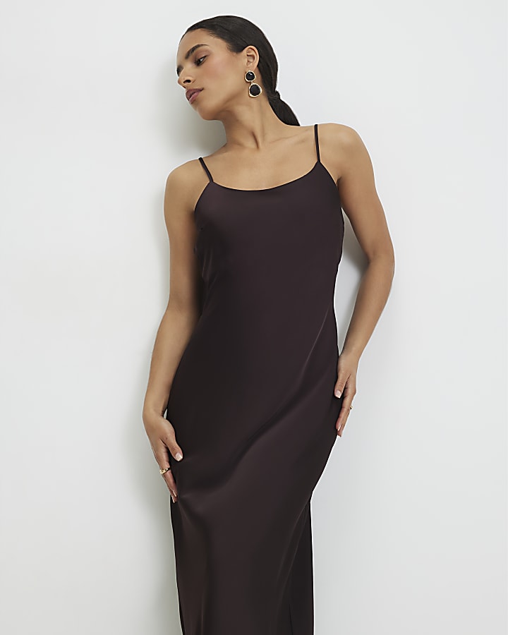 Petite Brown Hybrid Satin Slip Dress