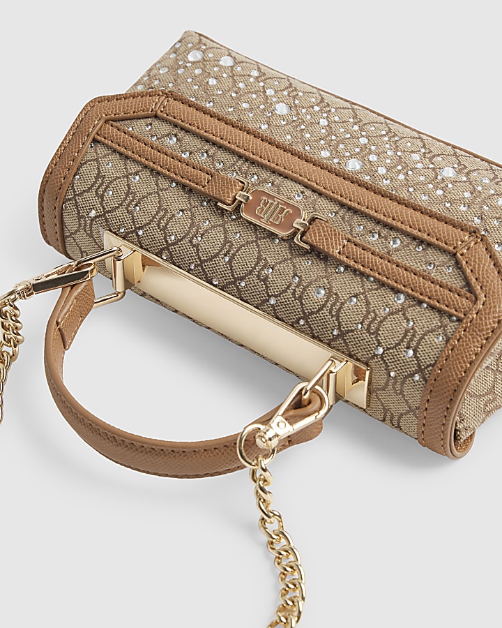 Beige Monogram Print Tote Cross Body Bag