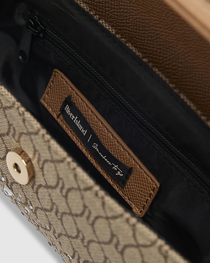Beige Monogram Print Tote Cross Body Bag