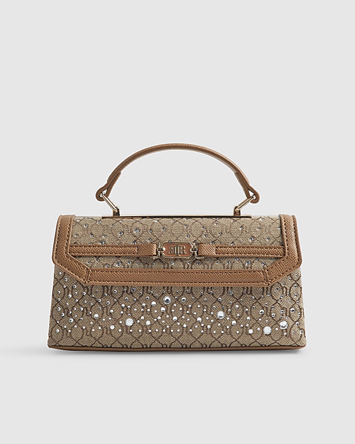 Beige Monogram Print Tote Cross Body Bag