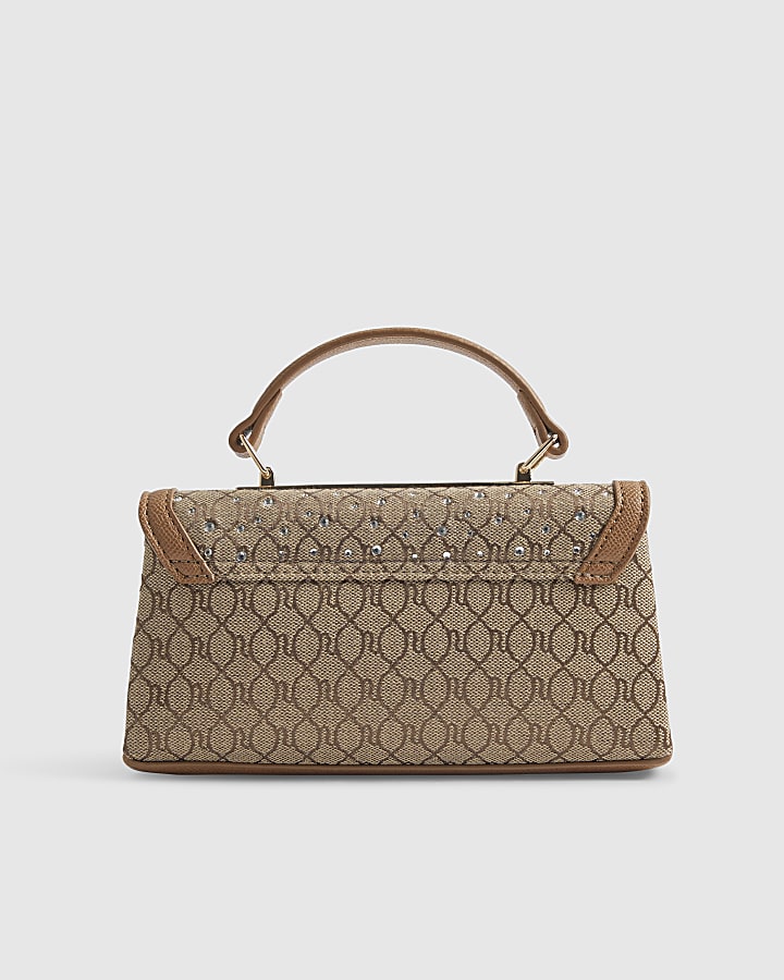 Beige Monogram Print Tote Cross Body Bag