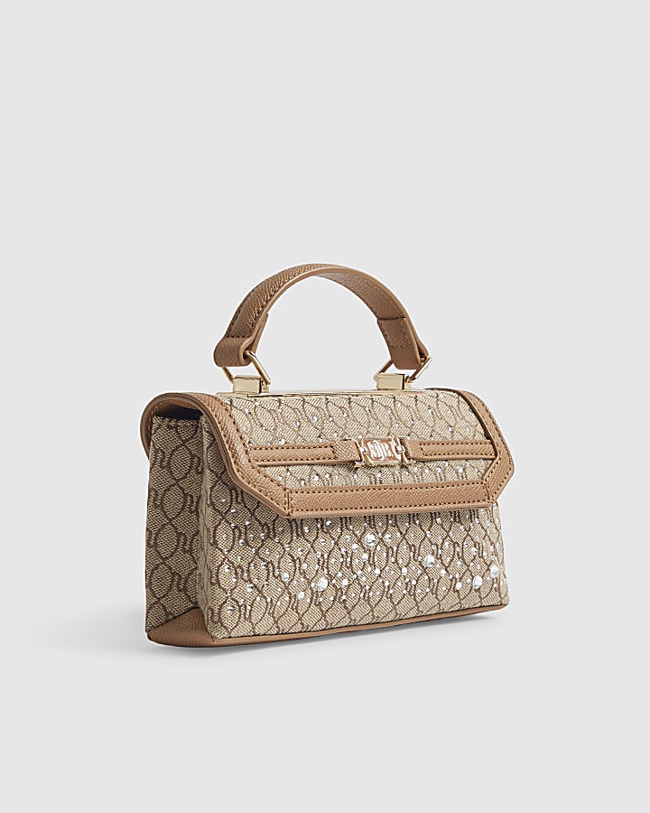 Beige Monogram Print Tote Cross Body Bag
