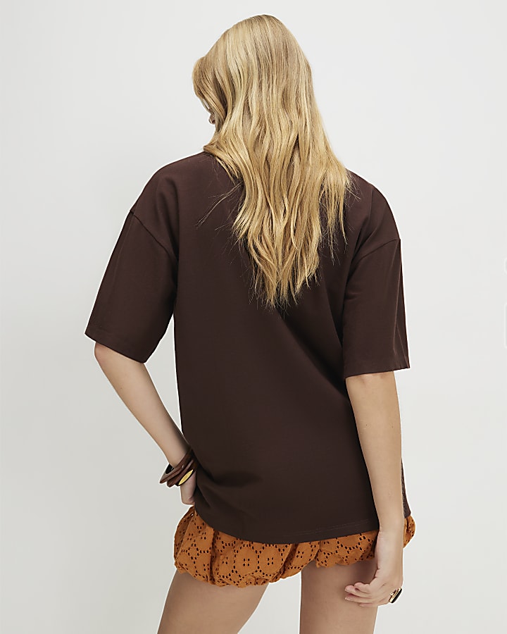 Brown Cotton Palm Embroidered T-shirt
