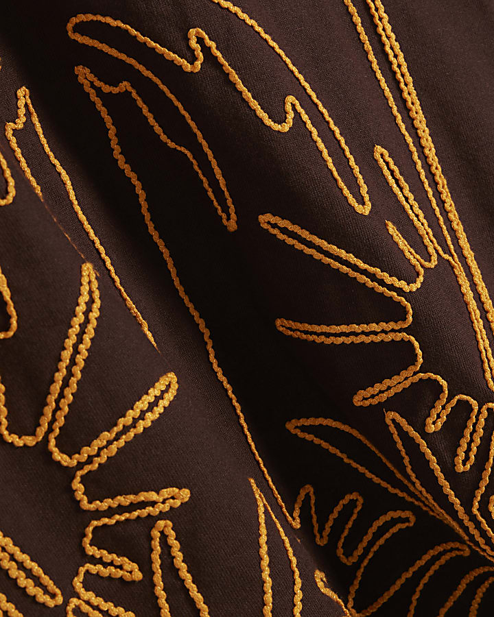 Brown Cotton Palm Embroidered T-shirt