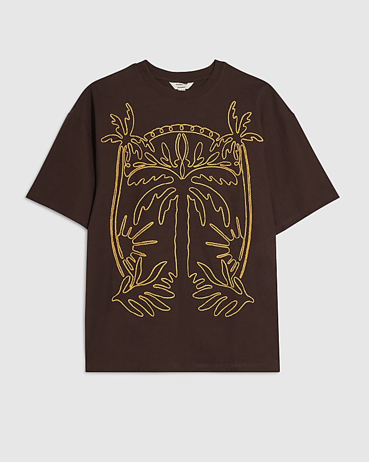 Brown Cotton Palm Embroidered T-shirt