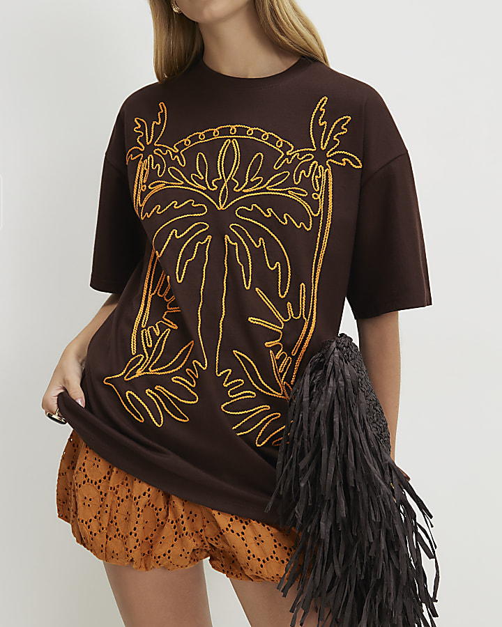 Brown Cotton Palm Embroidered T-shirt
