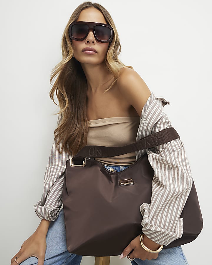 Brown Webbing Handle Slouch Shopper Bag