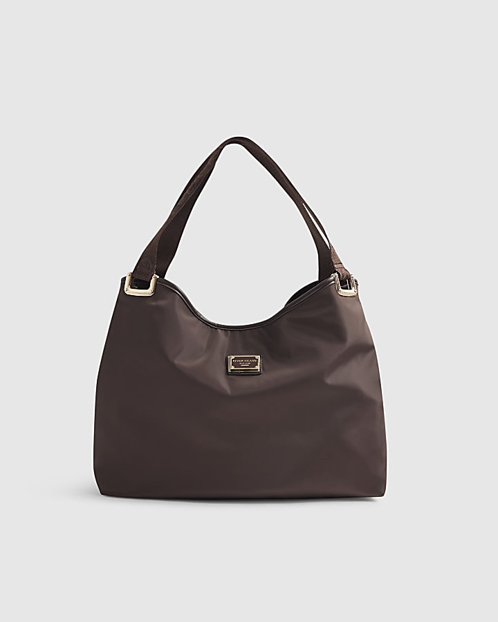 Brown Webbing Handle Slouch Shopper Bag