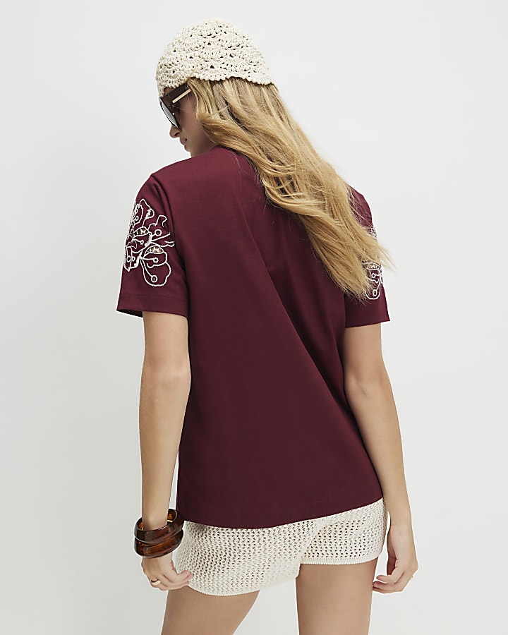 Red Cotton Short Sleeve Embroidered T-shirt