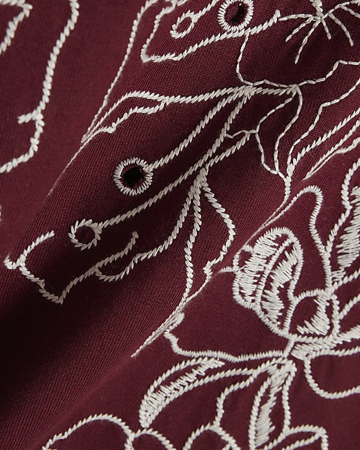 Red Cotton Short Sleeve Embroidered T-shirt