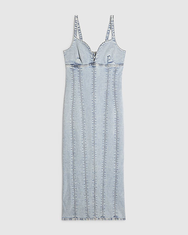 Blue Plunge Neckline Bodycon Denim Dress