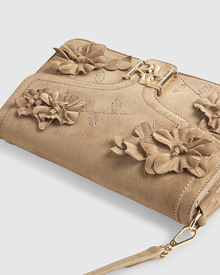 Beige RIR Flap Front 3D Flower Shoulder Bag
