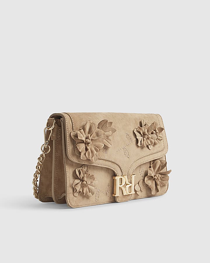 Beige RIR Flap Front 3D Flower Shoulder Bag