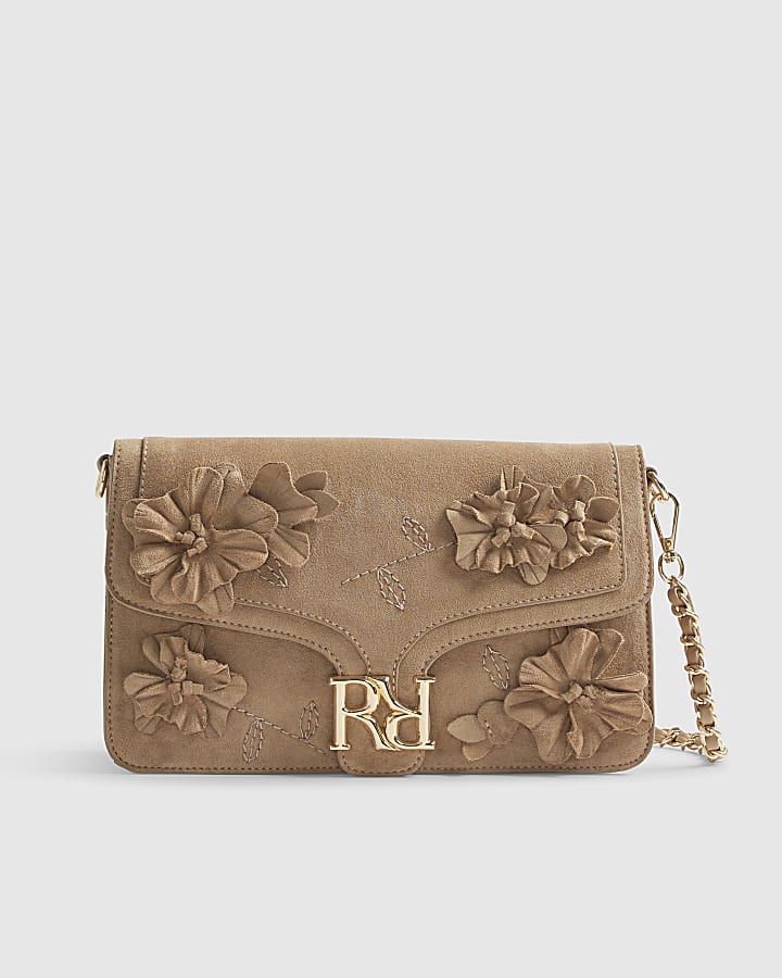 Beige RIR Flap Front 3D Flower Shoulder Bag