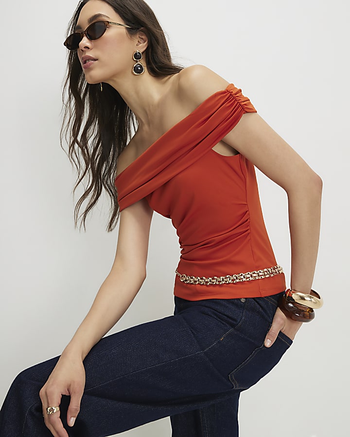 Orange Short Sleeve Bardot Top