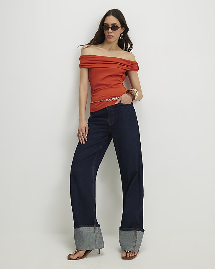 Orange Short Sleeve Bardot Top