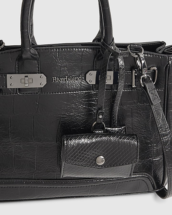 Black Lock Front Cross Body Tote Bag