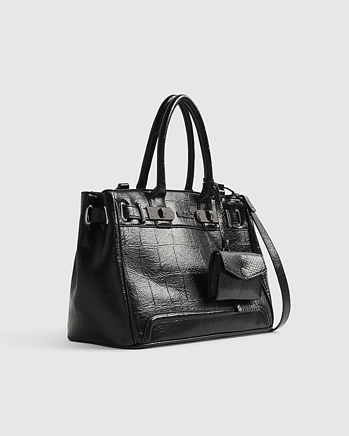 Black Lock Front Cross Body Tote Bag