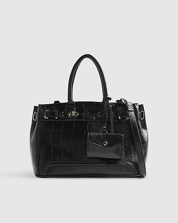 Black Lock Front Cross Body Tote Bag