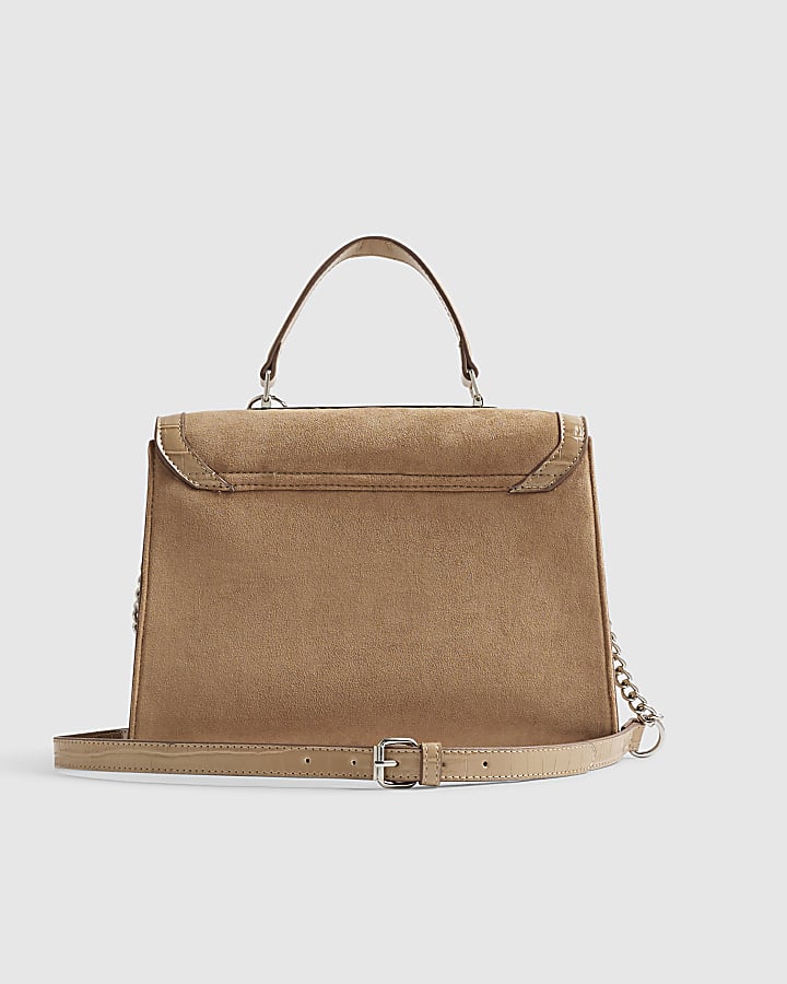 Beige Faux Suede Bar Front Charm Tote Bag