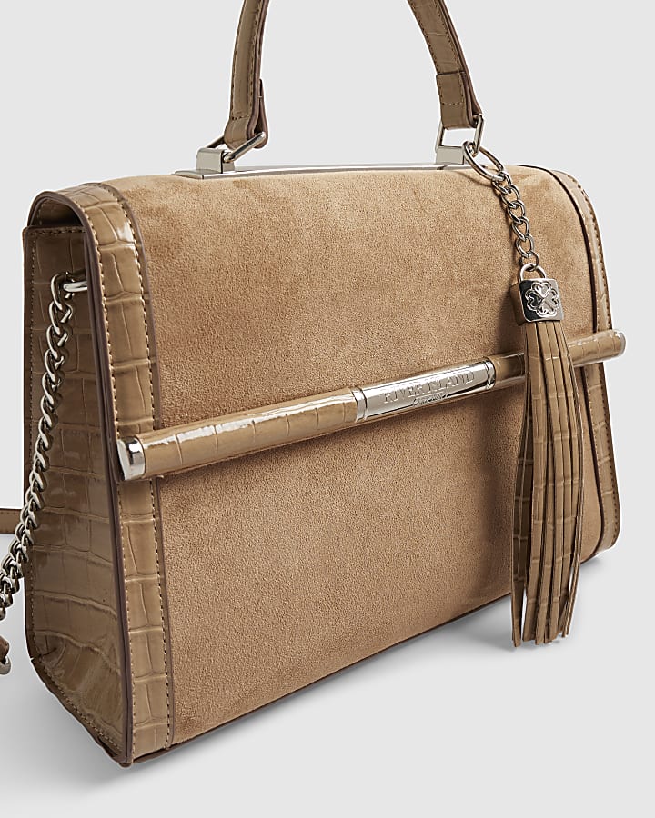 Beige Faux Suede Bar Front Charm Tote Bag