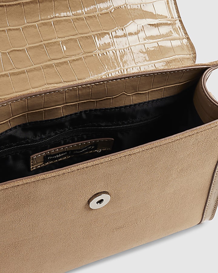 Beige Faux Suede Bar Front Charm Tote Bag