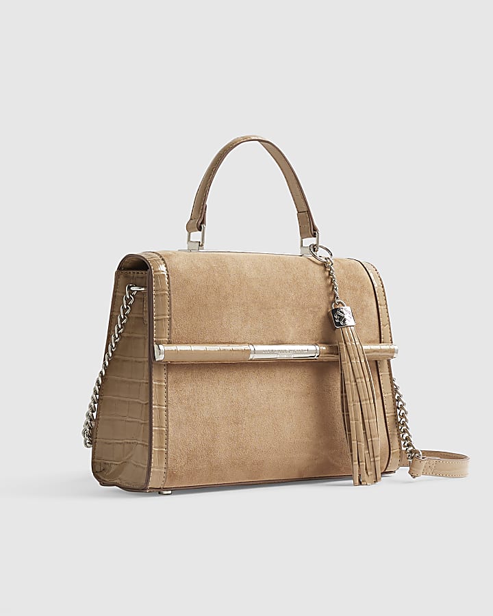 Beige Faux Suede Bar Front Charm Tote Bag