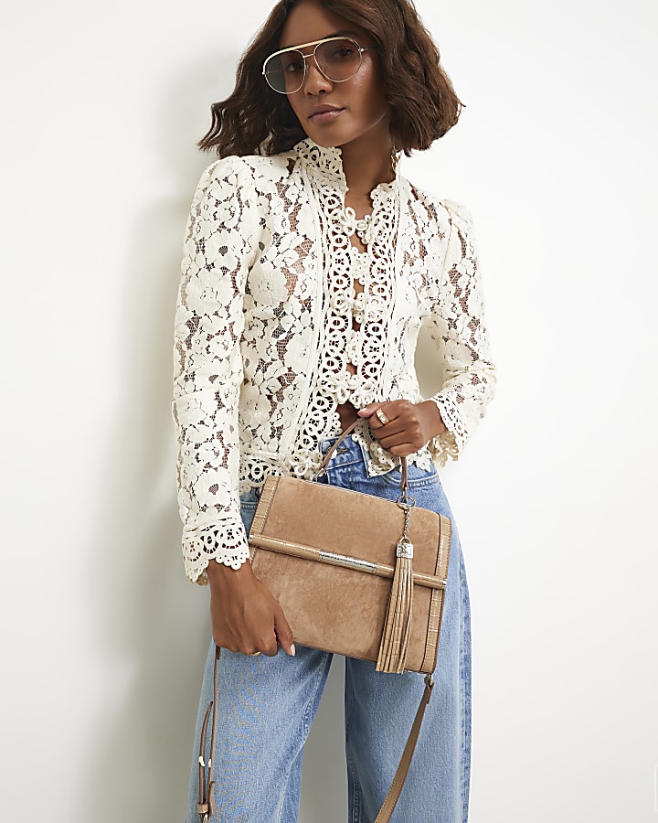 Beige Faux Suede Bar Front Charm Tote Bag