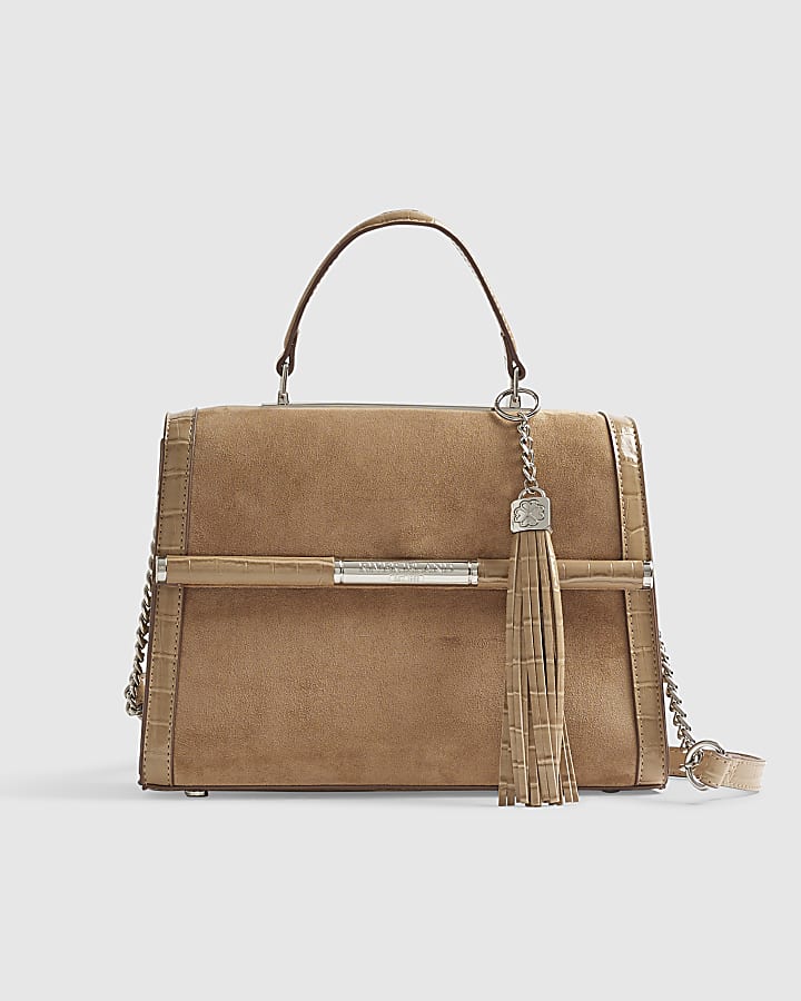Beige Faux Suede Bar Front Charm Tote Bag