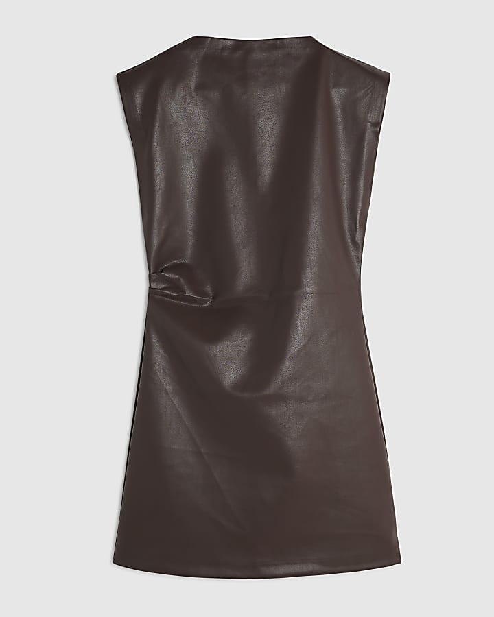 Brown Faux Leather Sleeveless Mini Dress