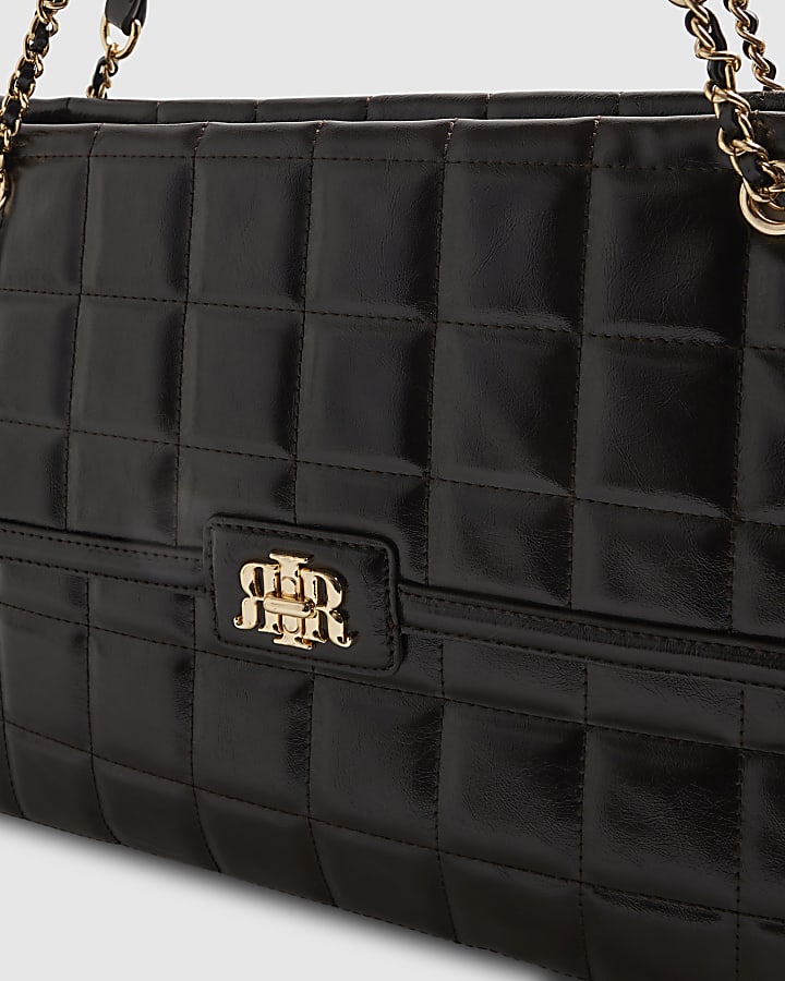 Brown Quilted Large Chain Handle Tote Bag