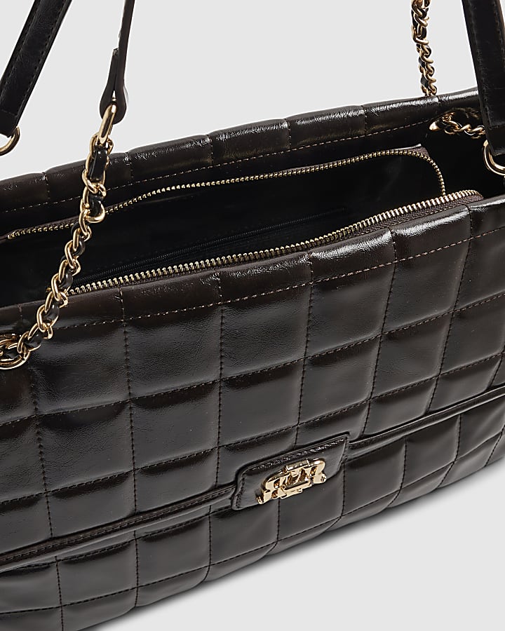 Brown Quilted Large Chain Handle Tote Bag
