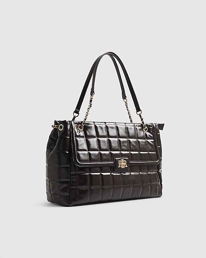 Brown Quilted Large Chain Handle Tote Bag