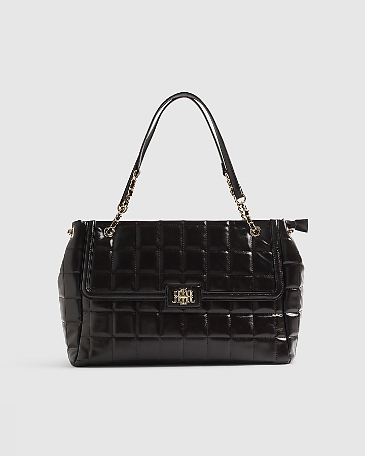 Brown Quilted Large Chain Handle Tote Bag