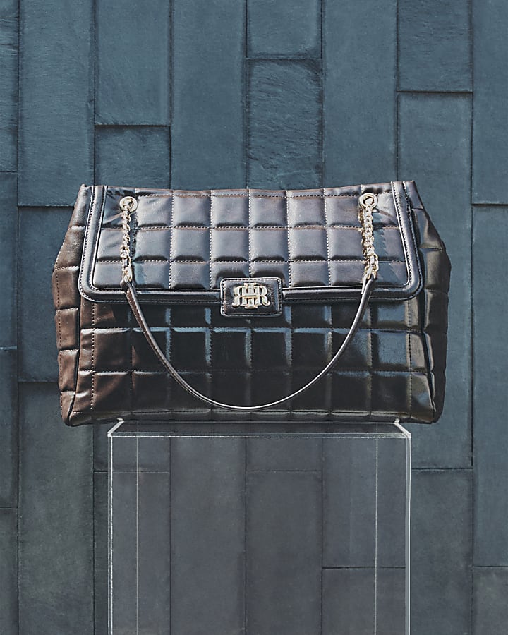 Brown Quilted Large Chain Handle Tote Bag