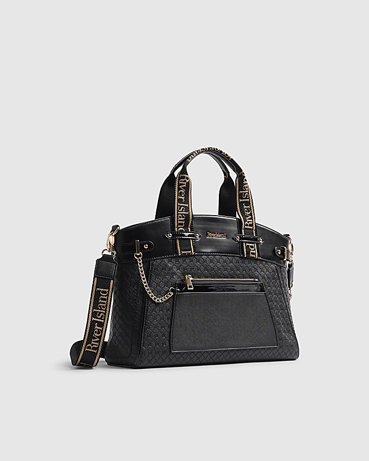 Black Embossed Top Handle Tote Bag