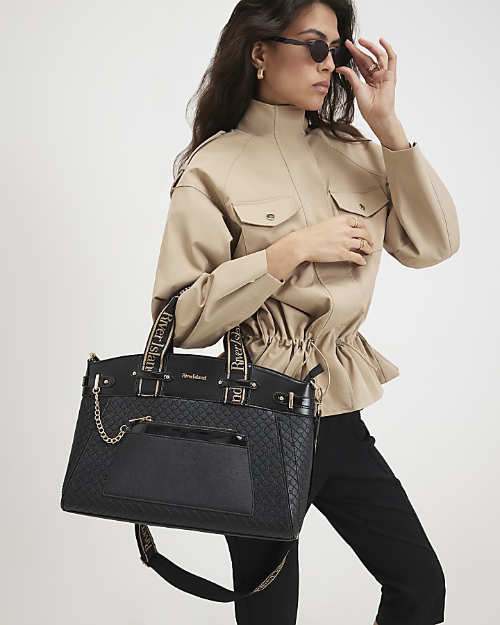 Black Embossed Top Handle Tote Bag