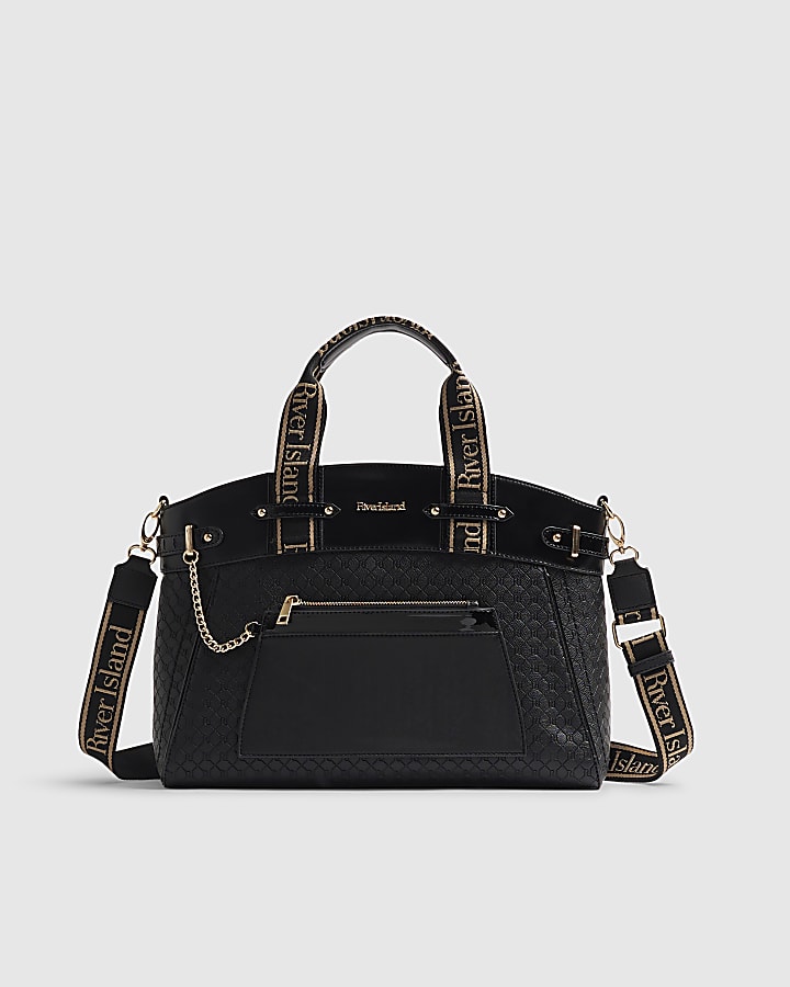 Black Embossed Top Handle Tote Bag
