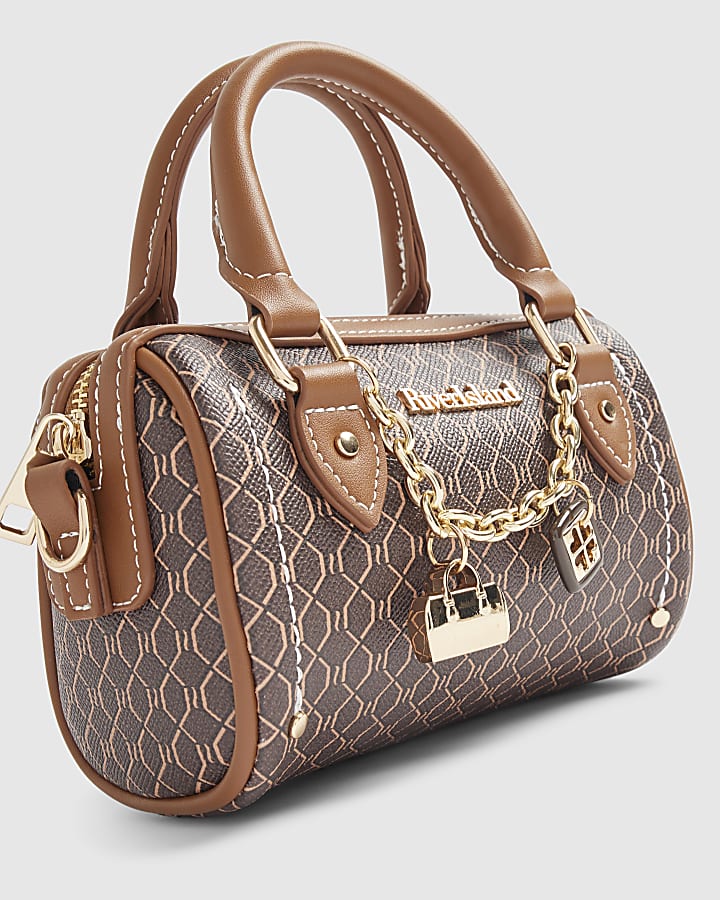 Brown Monogram Print Cross Body Bowler Bag