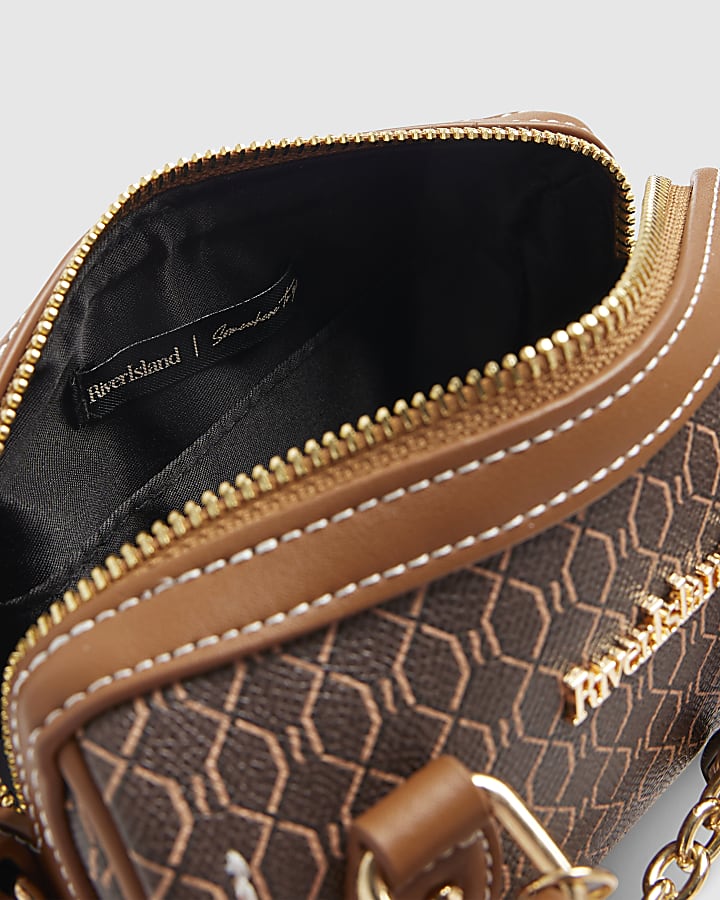 Brown Monogram Print Cross Body Bowler Bag